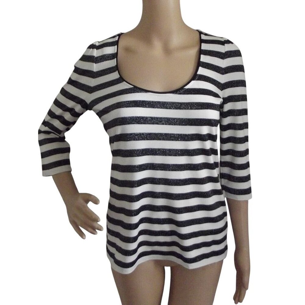 White House Black Market Knit Top Womens Small black white striped silver scoop